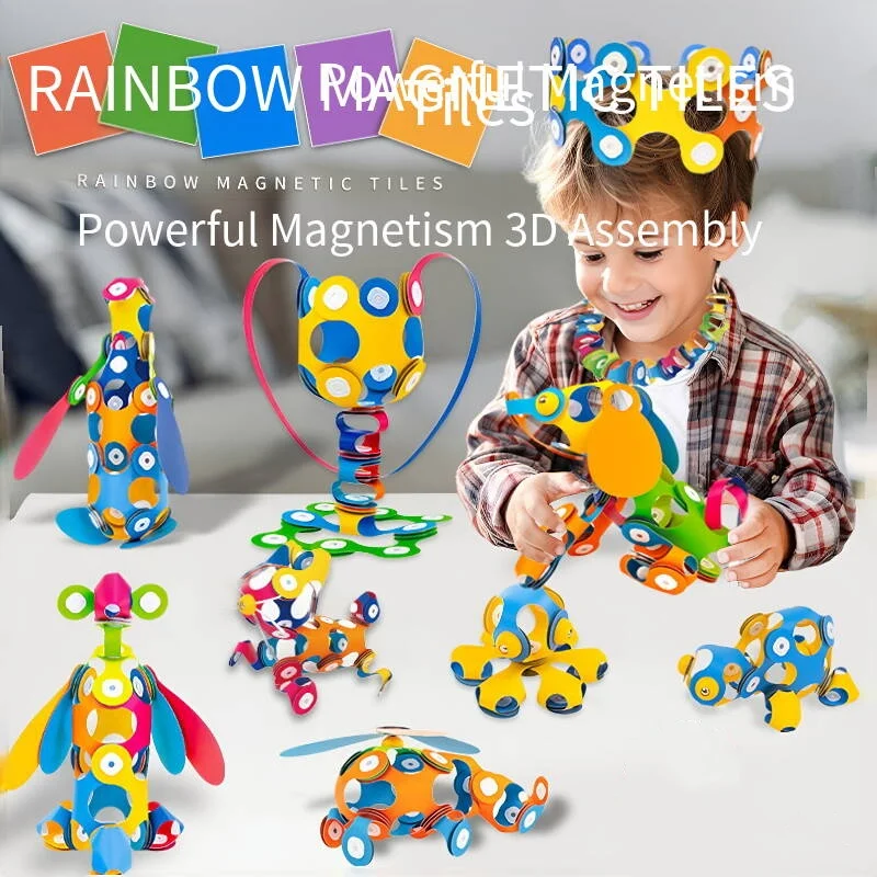 3D Printing Lego - 48ピース レインボー磁気シートキット 3D立体組み立て磁気ブロック 手先の訓練と脳トレに 室内シーンでの使用に最適