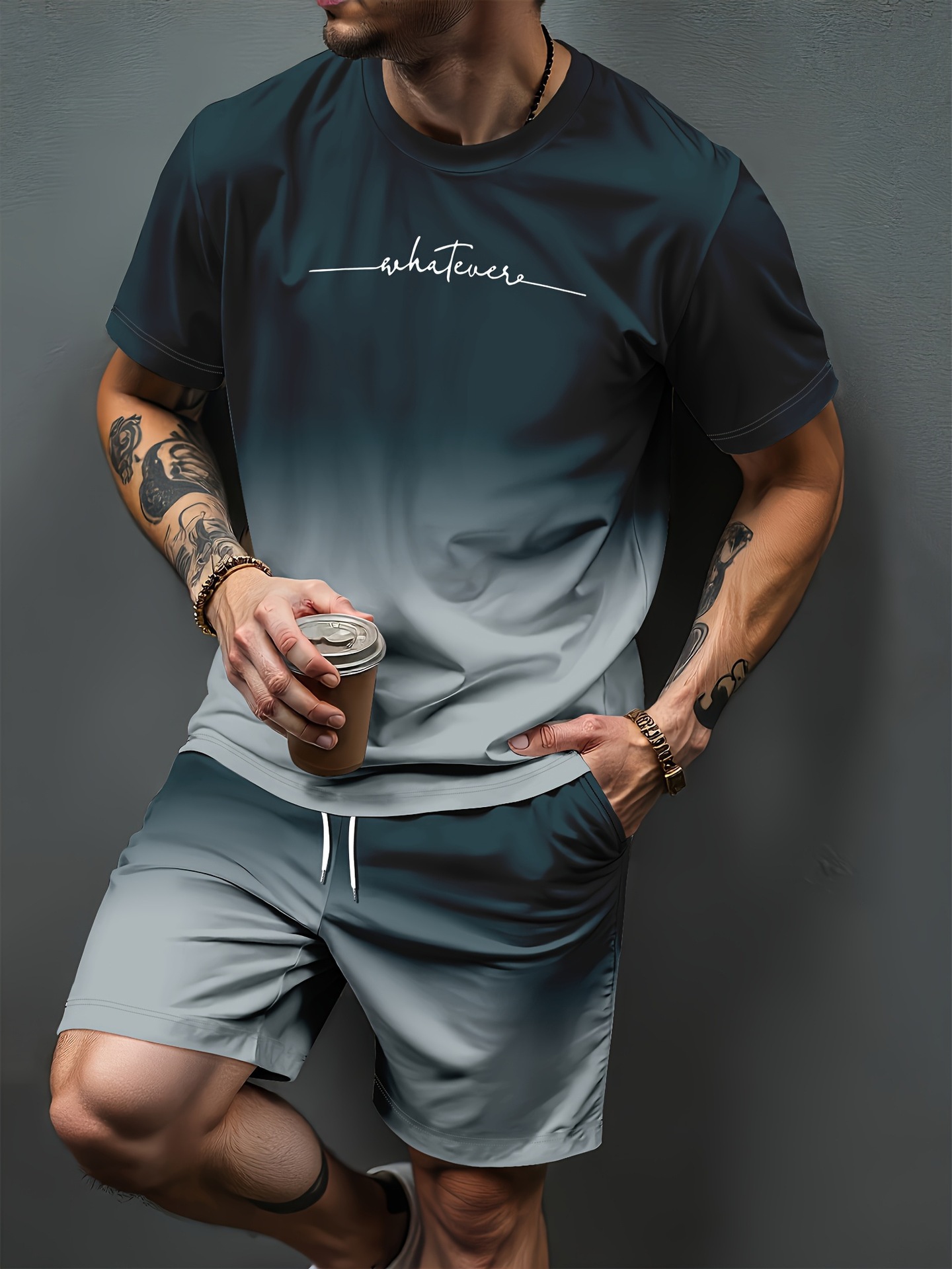 3D Printing Jersey - グラデーション文字パターン 3D プリントジャージ男性女性カジュアル半袖 Tシャツショーツセット 2 個スポーツウェアスーツ男性服