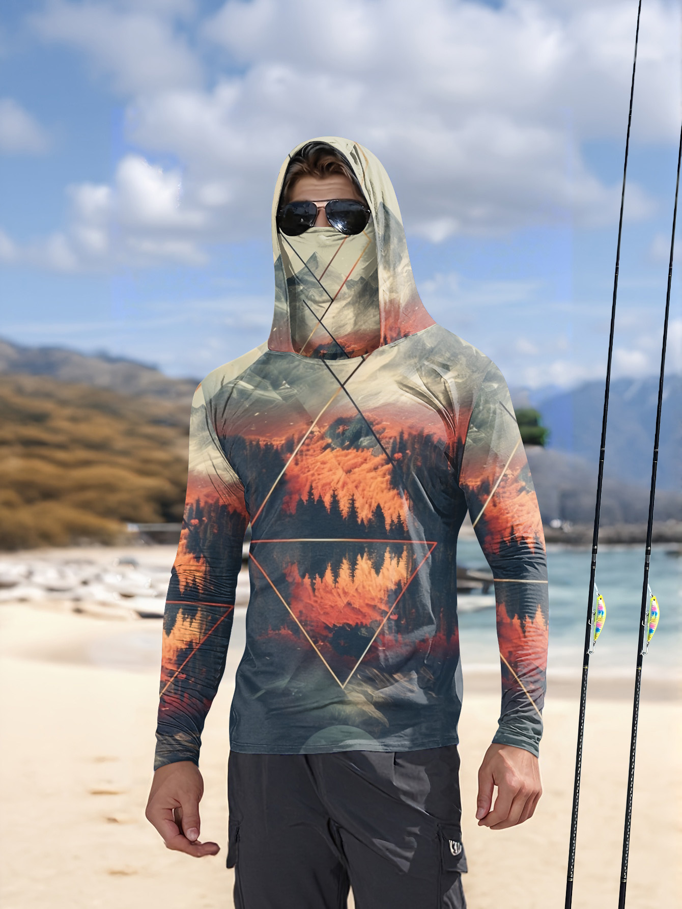 3D Printing Jersey - アウトドアメンズフィッシングフーディー、内蔵フェイスマスク、山の風景プリント、UPF 50、日焼け防止、速乾性、長袖フィッシングシャツ