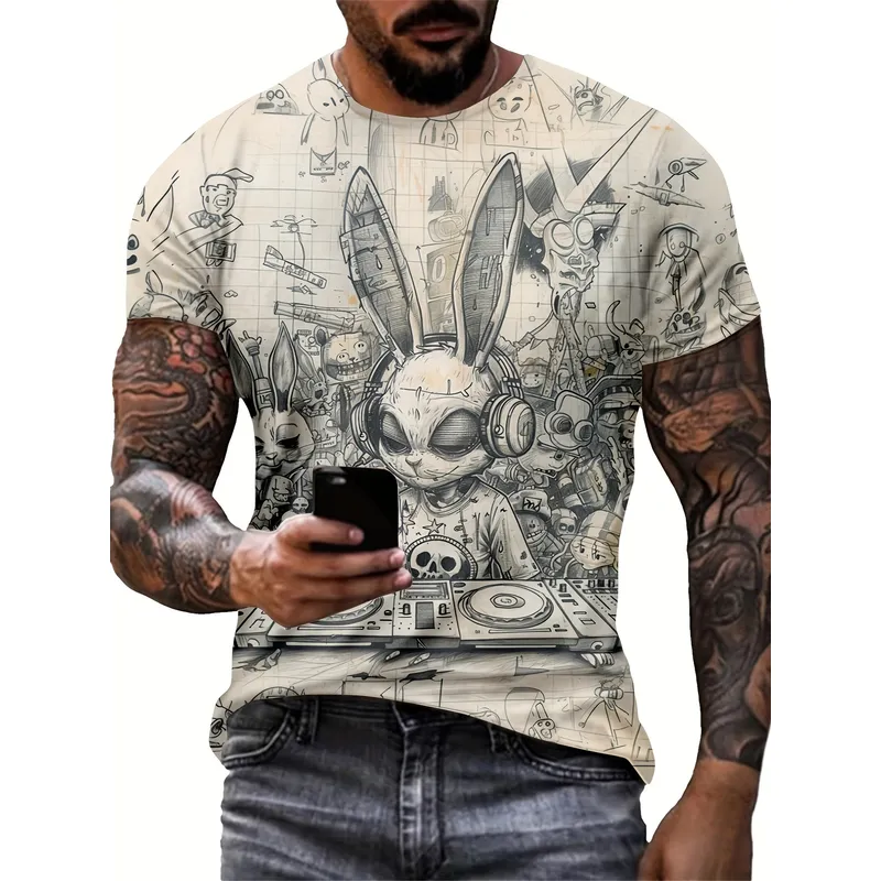 3D Printing Rabbit - カートゥーンDJラビット デジタルプリント 半袖Tシャツ メンズ レディース カジュアル
