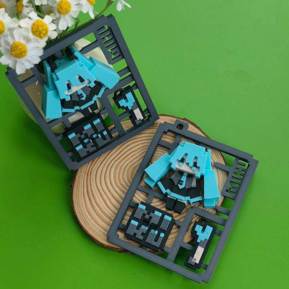 3D Printing Yourself - 3Dプリント製のかわいいピクセル初音ミク半完成モデル、台座付きデスクトップ装飾品、穴付きキーホルダー