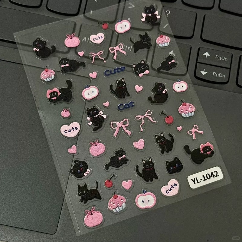 3D Printing Epoxy Resin - かわいい漫画風の黒猫3Dレリーフステッカー、愛らしい女の子のアートネイル、子猫デコレーションDIYゼリーステッカー、スマホケースやスクラップブック用