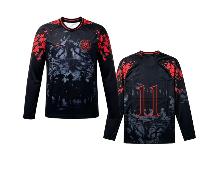 黒い鬼のシルエットが描かれた3Dプリントの速乾性長袖Tシャツ - 3D Printing Jersey のレビューと価格