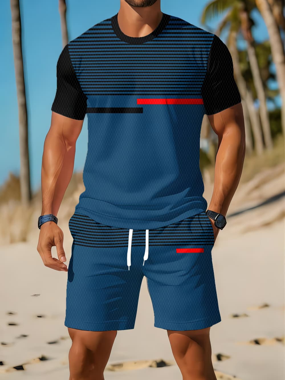 2026年夏新作 メンズカジュアルツーピースセット ストライ - 3D Printing Jersey のレビューと価格
